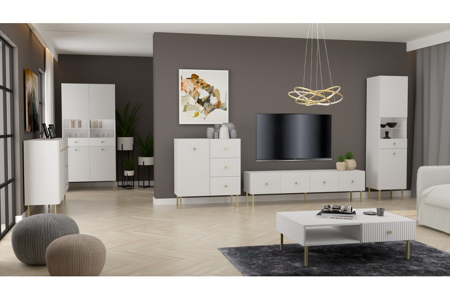 VIENNA 135 1D TV-szekrény Fehér Matt/Arany - BORDÁZOTT ELŐLAPOKKAL