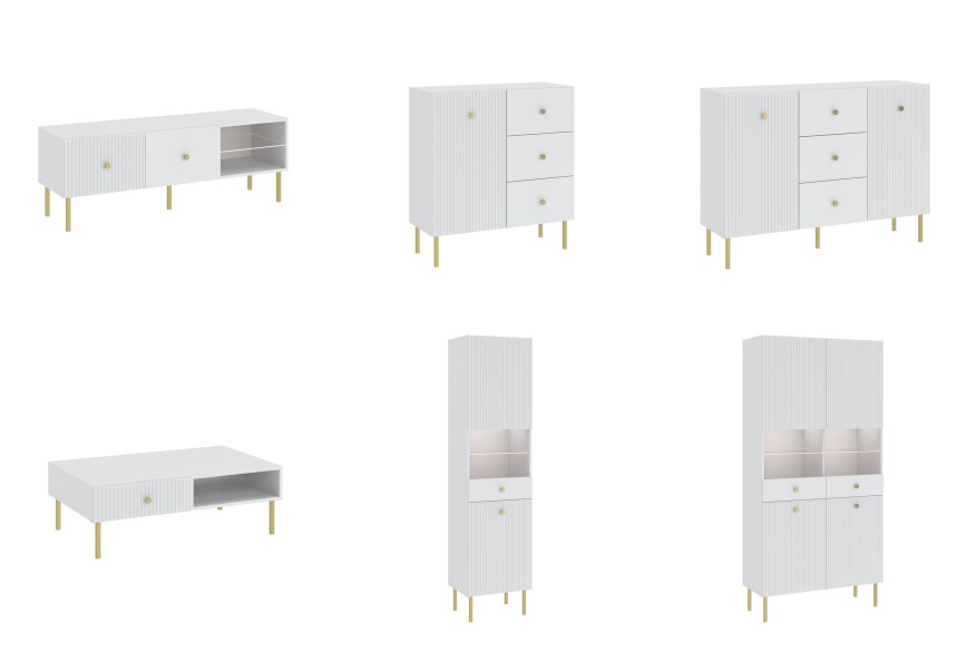 VIENNA 135 1D TV-szekrény Fehér Matt/Arany - BORDÁZOTT ELŐLAPOKKAL